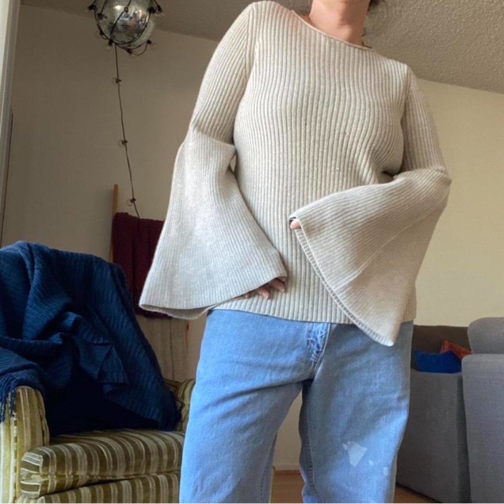The Row Cream Ribbed Crew Neck Sweater with Bell Sleeves